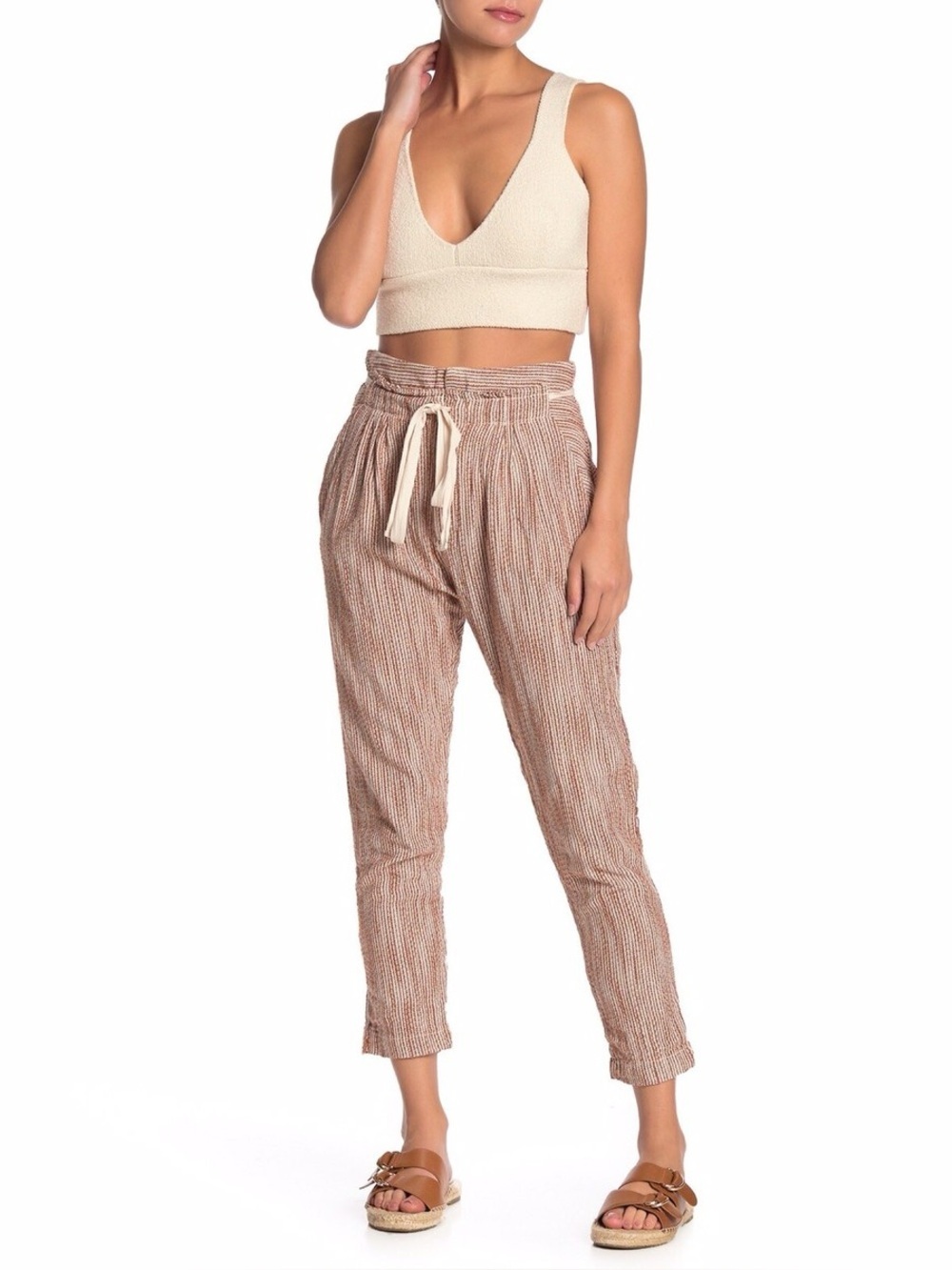 Free People Light At Sunrise Cotton Brown Cream Striped Crop Pants Size 6 Women